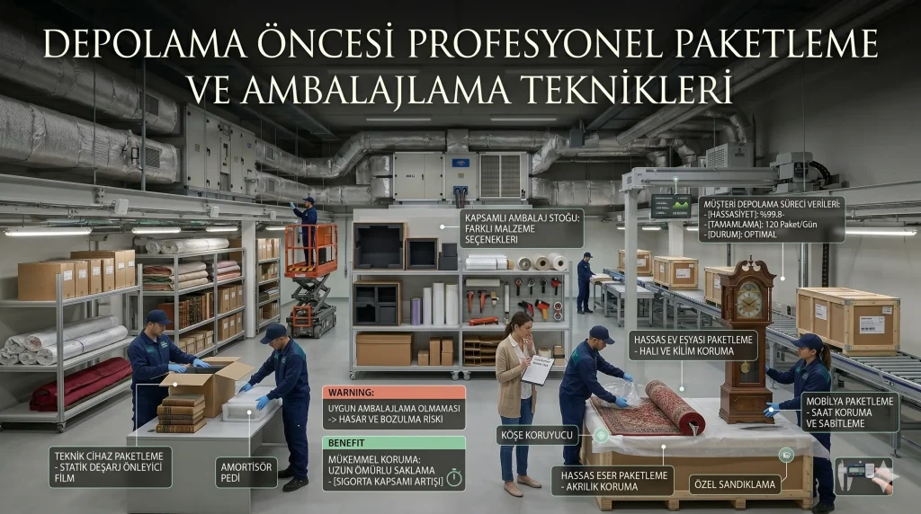 DepoEvim paketleme merkezinde teknik cihaz, hassas eser, halı ve mobilya ambalajlama teknikleri ile özel sandıklama süreçlerini gösteren infografik şeması.
