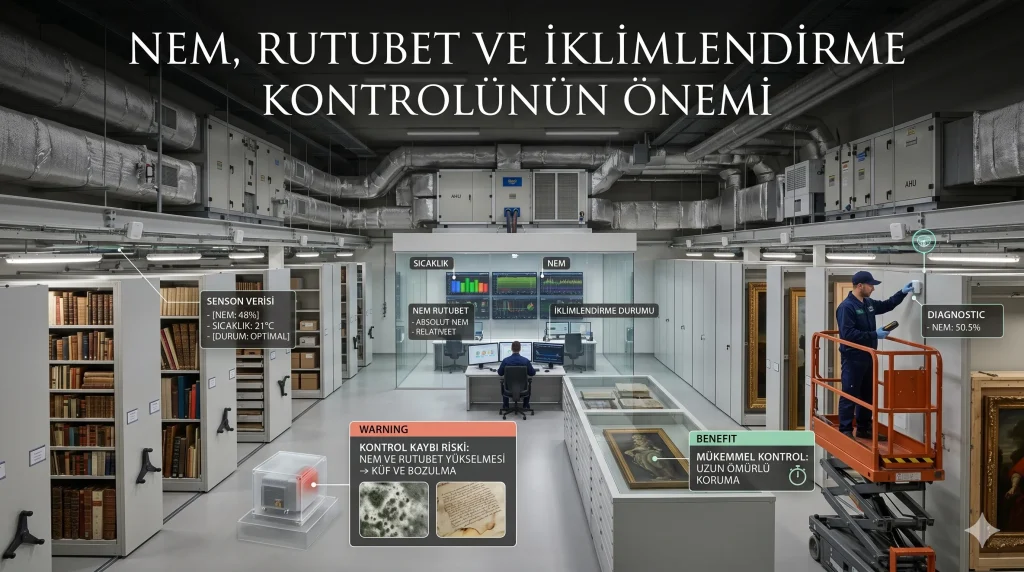 Akıllı sensörler, nem ve sıcaklık kontrol panelleri ile yönetilen DepoEvim modern eşya depolama alanında iklimlendirme ve küf koruma süreçleri.