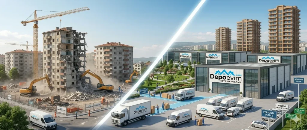 Çekmeköy'de kentsel dönüşümle yıkılan eski binalar ve karşı tarafta DepoEvim modern eşya depolama tesisleri ile nakliye araçlarını gösteren kıyaslama görseli.