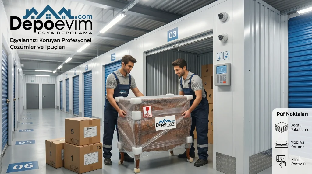 DepoEvim modern kiralık oda depoları önünde köşe koruyuculu ve baloncuklu naylonla hasarsız ambalajlanmış ahşap şifonyeri taşıyan uzman personeller.