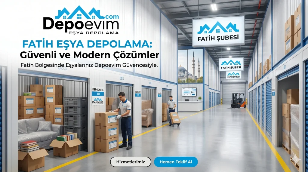 Depoevim Fatih şubesinde modern depolama üniteleri arasında çalışan personel ve güvenli depo ortamı.