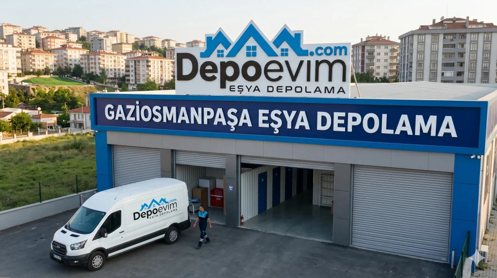 Depoevim'in Gaziosmanpaşa bölgesindeki geniş ve modern eşya depolama tesisinin dışarıdan görünümü; nakliye araçları ve güvenli depo alanları.