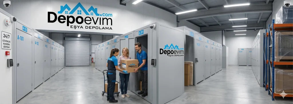 Şifreli kilit sistemine sahip kişisel oda depolar önünde, DepoEvim uzman personelleri eşliğinde kiralık depoya koli yerleştiren kadın müşteri.