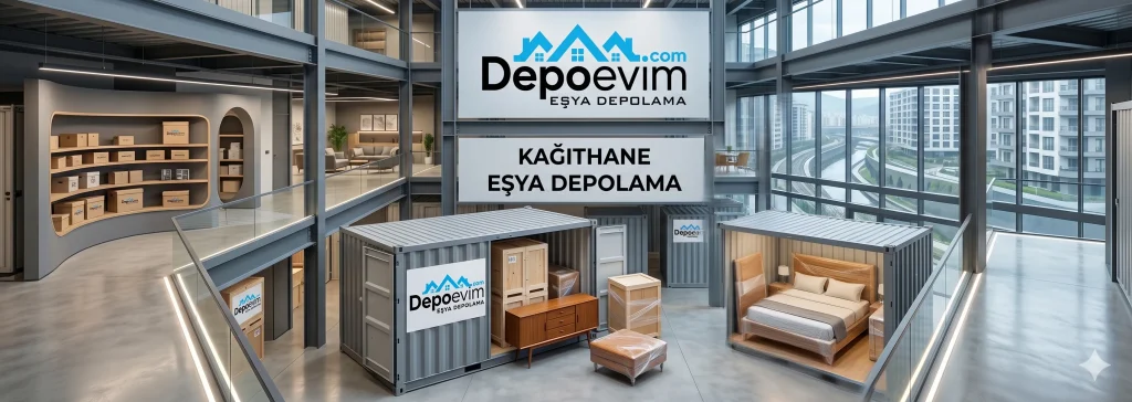 Modüler depolama konteynerleri, ev eşyaları ve 'Depoevim' logosunu içeren geniş, iç mekan tesis görüntüsü
