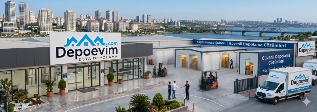 Küçükçekmece eşya depolama Küçükçekmece Gölü kenarında, modern Depoevim eşya depolama tesisi. Görselde "Depoevim EŞYA DEPOLAMA" tabelası, ofis binası, depolama alanları, iki forklift, bir kamyonet, şirket çalışanları ve arka planda göl, köprü ve çok katlı binaların bulunduğu panoramik şehir manzarası görülüyor.