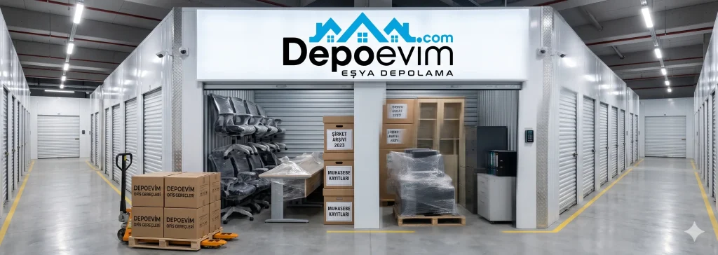 DepoEvim kiralık oda deposu içerisinde düzenle istiflenmiş ambalajlı ofis koltukları, çalışma masaları, şirket arşivi ve muhasebe kayıtları kolileri.