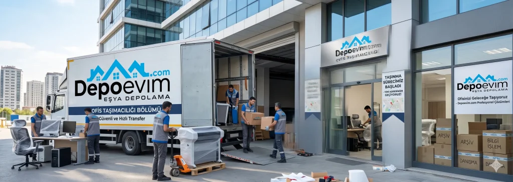 Bir iş merkezi önünde "DepoEvim Ofis Taşımacılığı Bölümü Güvenli ve Hızlı Transfer" aracı rampasından bilgisayarları, bilgi işlem kolilerini ve ambalajlı ofis mobilyalarını yükleyen taşıma ekibi.