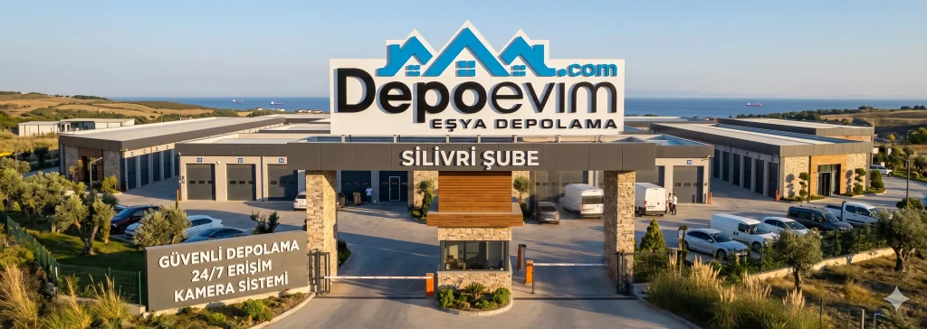 Deniz manzaralı geniş bir arazi üzerinde kurulu, modern ve profesyonel bir eşya depolama tesisi. Giriş kapısının üzerinde büyük puntolarla "Depoevim Eşya Depolama" logosu ve "Silivri Şubesi" tabelası yer alıyor. Tesisin girişindeki tabelada "Güvenli Depolama, 24/7 Erişim, Kamera Sistemi" yazıları mevcut. Bahçe içerisinde zeytin ağaçları, otopark alanında ise logolu nakliye araçları ve binek araçlar görülüyor