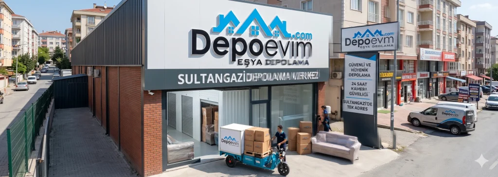 ultangazi'de yer alan modern bir depolama merkezinin dış cephe görünümü. Binanın üzerinde büyük bir "Depoevim Eşya Depolama" logosu ve altında "Sultangazi Depolama Merkezi" yazısı bulunuyor. Tesisin önünde eşya taşıyan bir görevli, koliler ve paketlenmiş bir koltuk yer alıyor. Ayrıca yol kenarında üzerinde logo bulunan beyaz bir nakliye aracı ve "24 Saat Kamera Güvenliği", "Sultangazi'de Tek Adres" gibi bilgilerin yer aldığı bir tabela görülüyor.