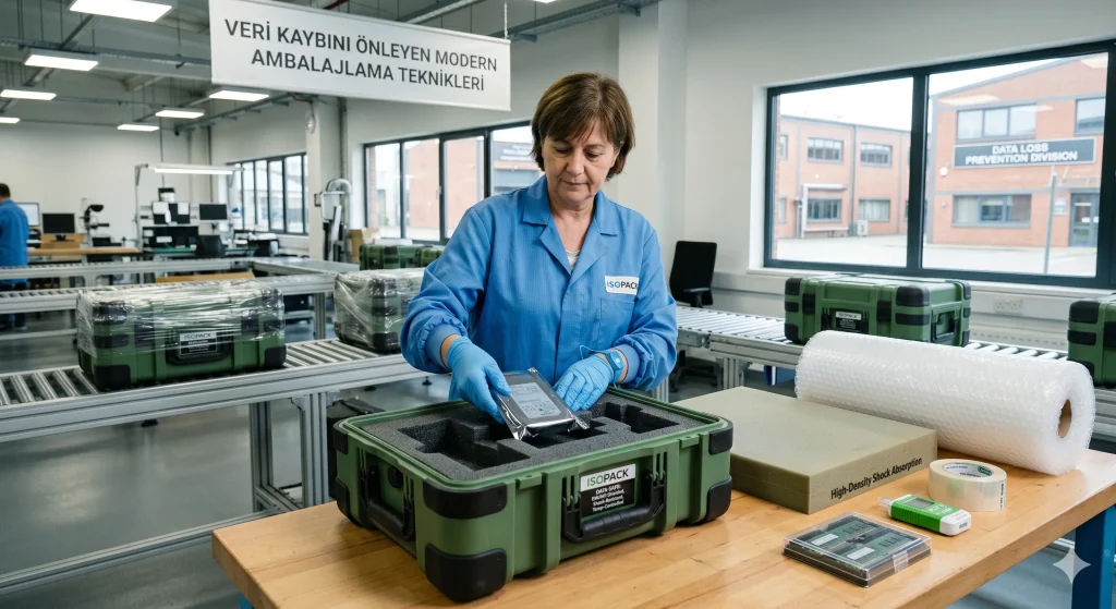 Ofis taşımacılığında veri kaybını önlemek için hard disk ve hassas bilgisayar parçalarını koruyucu özel çantalara yerleştiren ambalajlama uzmanı.