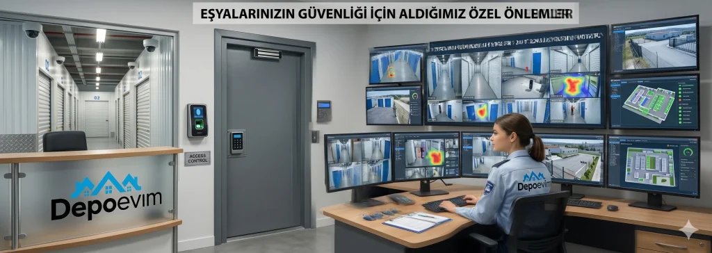 Depoevim güvenlik merkezinde profesyonel ekipler tarafından 7/24 izlenen yüksek teknolojili güvenlik kameraları ve erişim kontrol sistemleri.